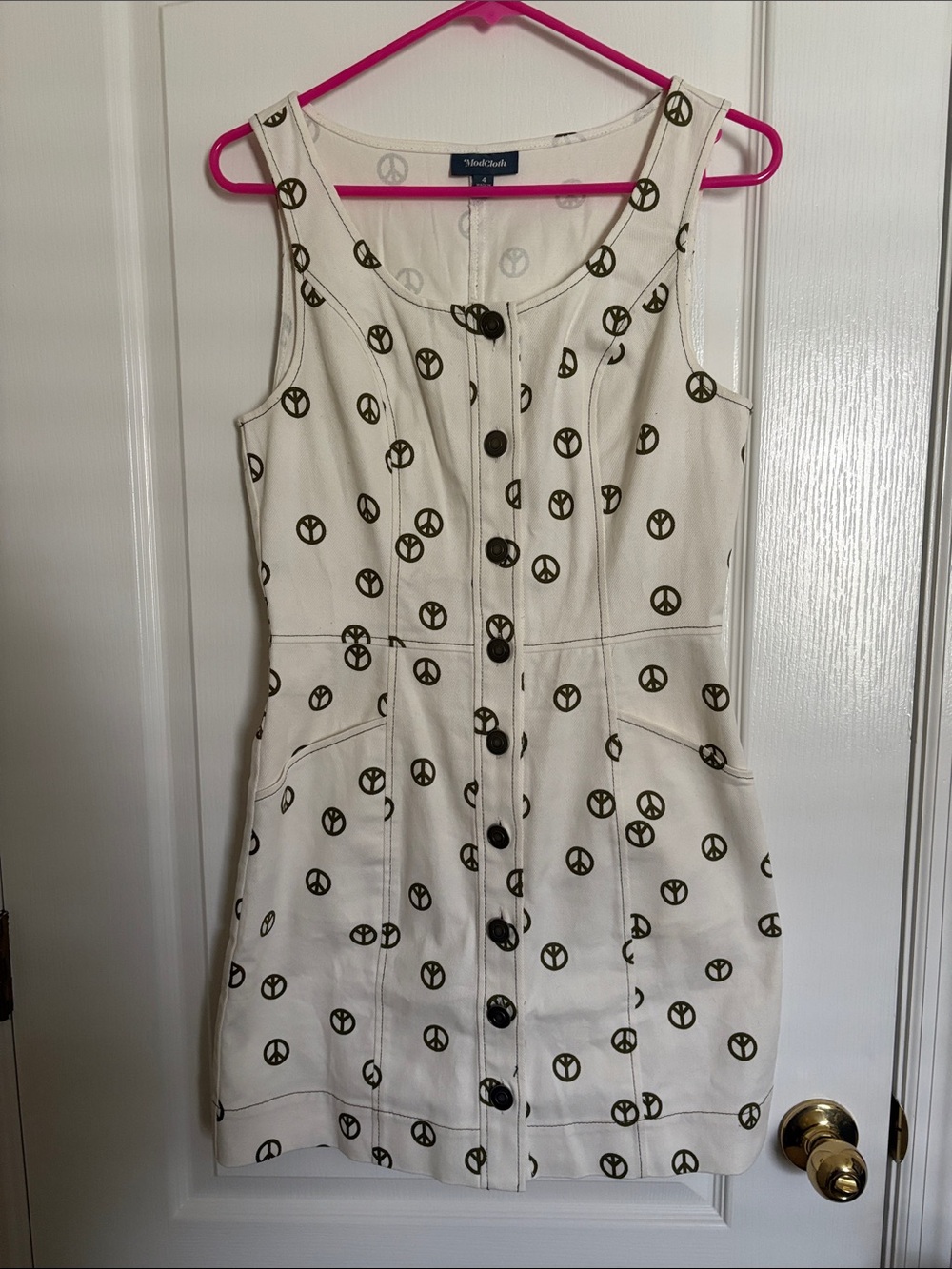ModCloth Ivory Mini Button Up Dress with Olive Peace Sign Print